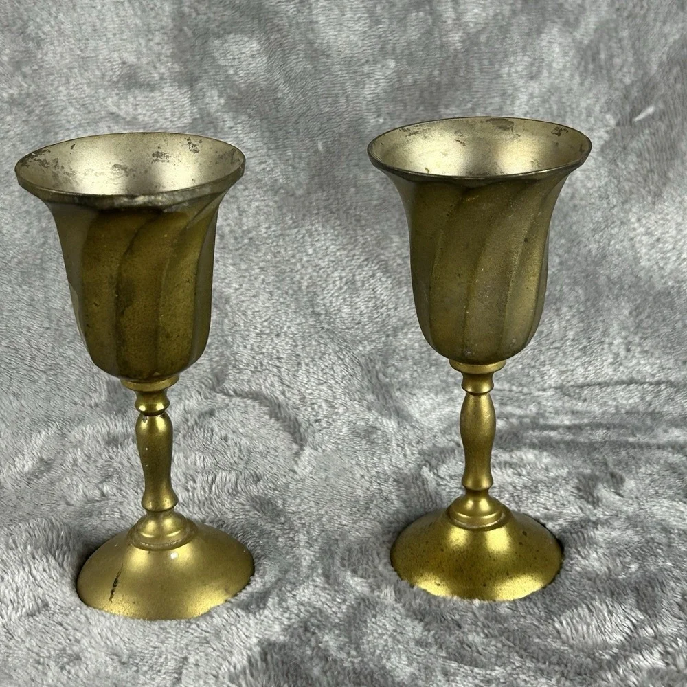 Vintage Miniature‎ Brass Goblet Candle Sticks Lots Of Patina